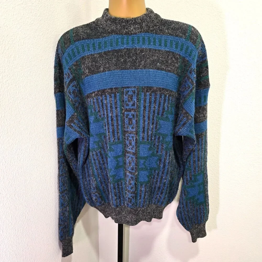 Vintage 80s Wool Blend Crew Sweater Mens Sz XL Grandpa Dad Chunky Gray Blue Cozy
